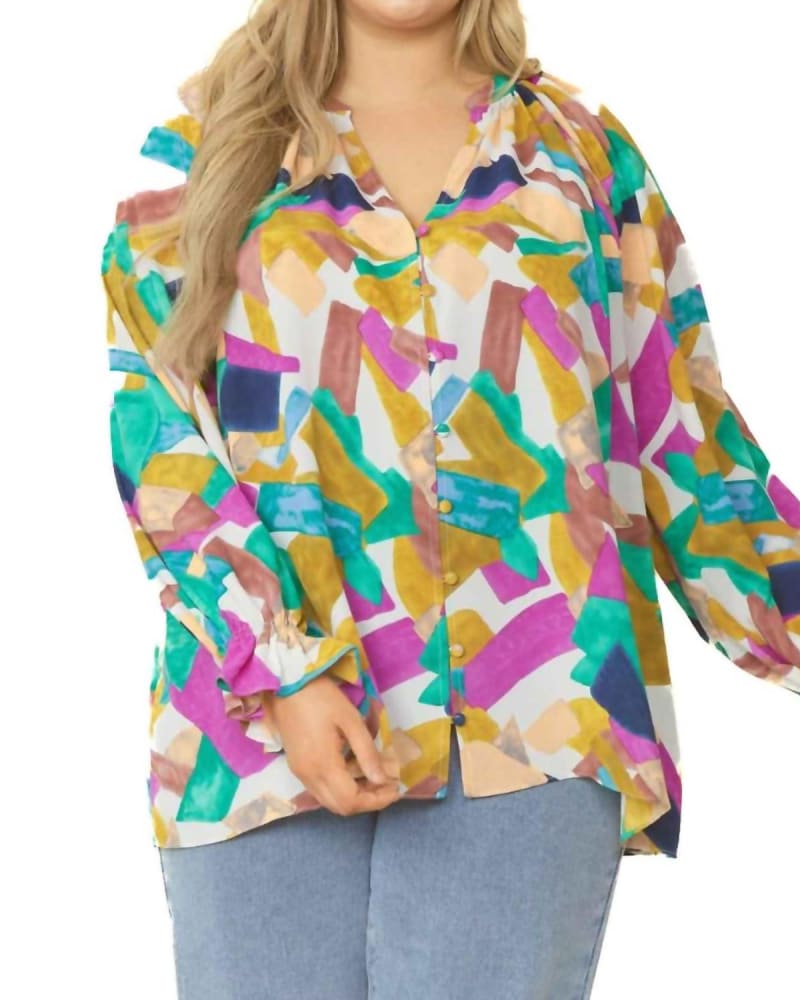 Front of a model wearing a size 1XL Consider Me Print Top in Navy Orchid in Navy Orchid by CURVY GIRL. | dia_product_style_image_id:327373